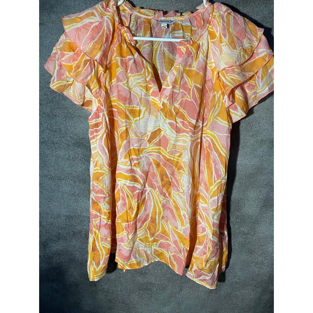 Nanette Lepore Floral Ruffle Flutter Sleeve Blouse Coral Yellow Size L